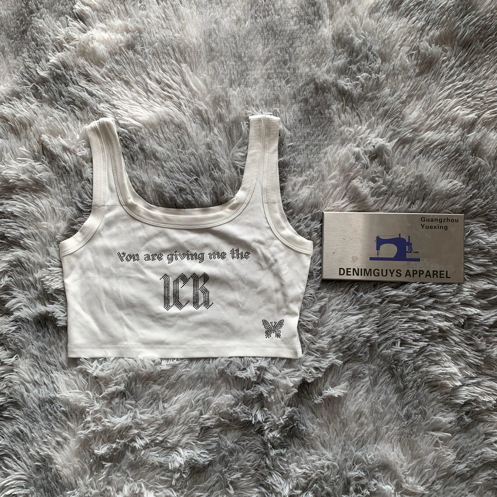 DENIMGUYS Custom Rhinestone Vest Ladies Cotton Ribbed Women Crop Tank Top Womens Crop Tank Tops Sleeveless Y2k Cropped Top