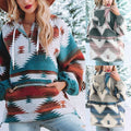 US Winter Western Style Fashion Kangaroo Pockets Drawstring Aztec Pattern Sweater Outwear Outfits Hoodie for Women