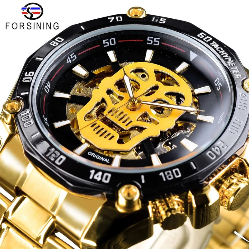 Forsining Top New Luxury Skull Design Black Golden Wristwatches Luminous Design Men's Automatic Sport Watches Skeleton Clock