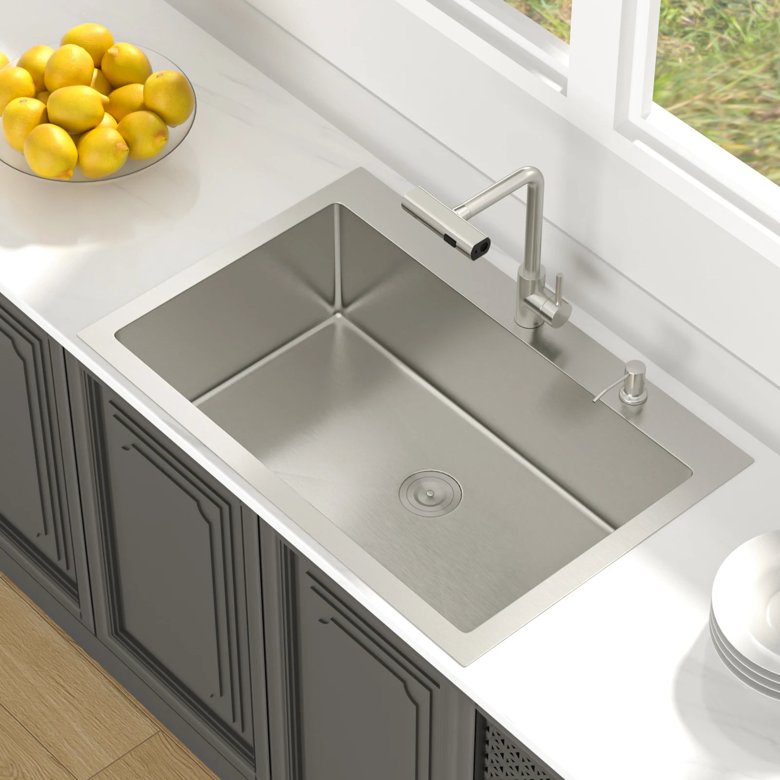 Pull-Down Faucet for Bar Drop-In Stainless Steel Single Bowl Sink with Faucet Kitchen Sink
