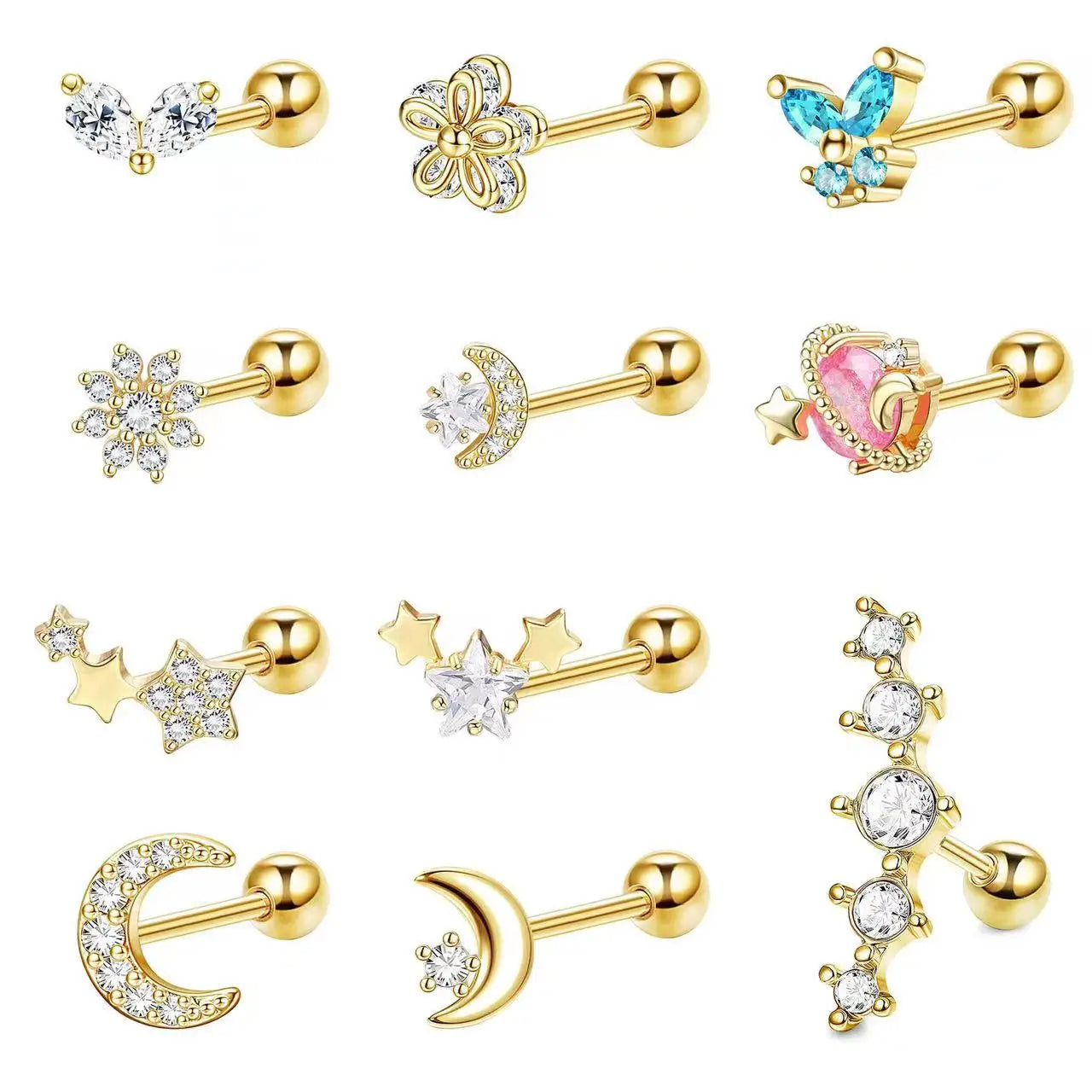 Gaby New Arrival Brass Cartilage Studs Gold Zircon Earrings for Helix Piercing Cute Wedding/Party Wholesale Cartilage Piercing