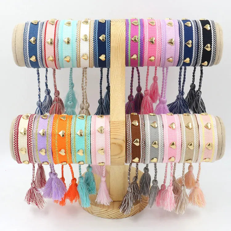 Personalized Gold Heart Rivet Wristband Fringe Bracelet Bohemian Handmade Woven 2cm Wide Tassel Friendship Bracelets Women Girls