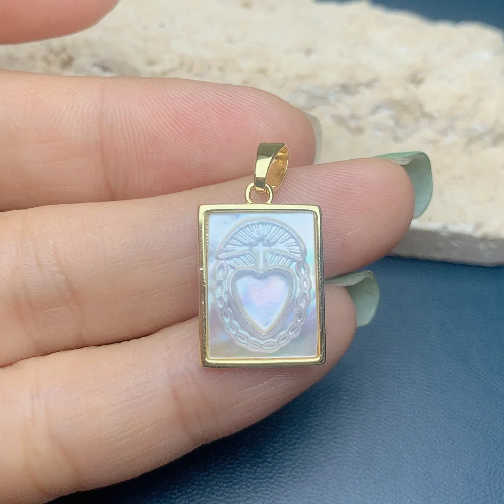 Square Sacred Heart Necklace Pendants White Mother of Pearl Shell Charms for Jewelry Making