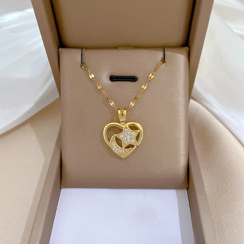 Tarnish Free Gold Plated No Fade Necklace for Women Moon Star Zircon Geometric Stainless Steel Clavicle Chain Necklace