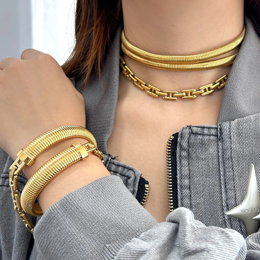 Multi-Layer Elastic Stainless Steel Jewelry Set Women Chic PVD 18K Plated Accessories Charm Unique Design Gift