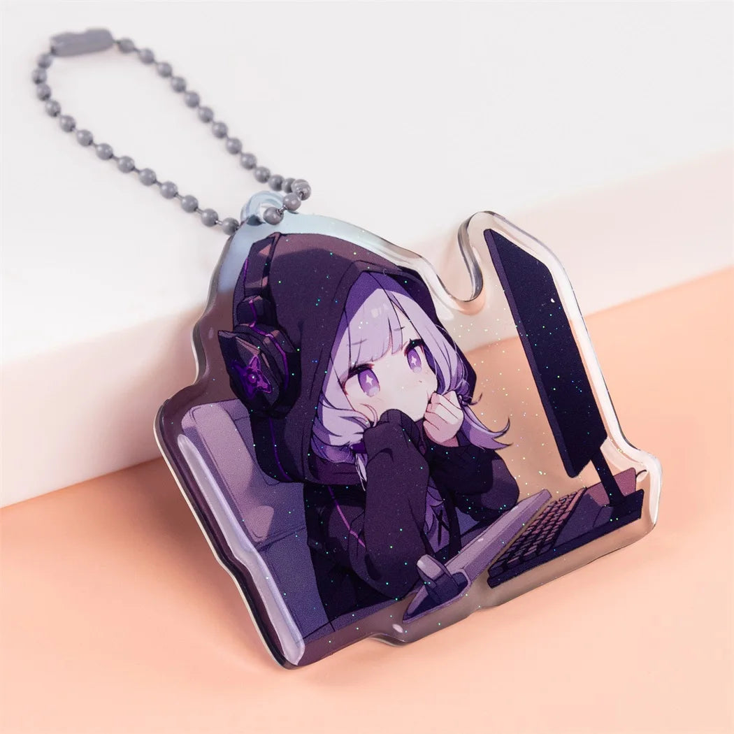 Custom Cartoon Cute Plastic Holographic Epoxy Resin Glitter Acrylic Anime Keychain