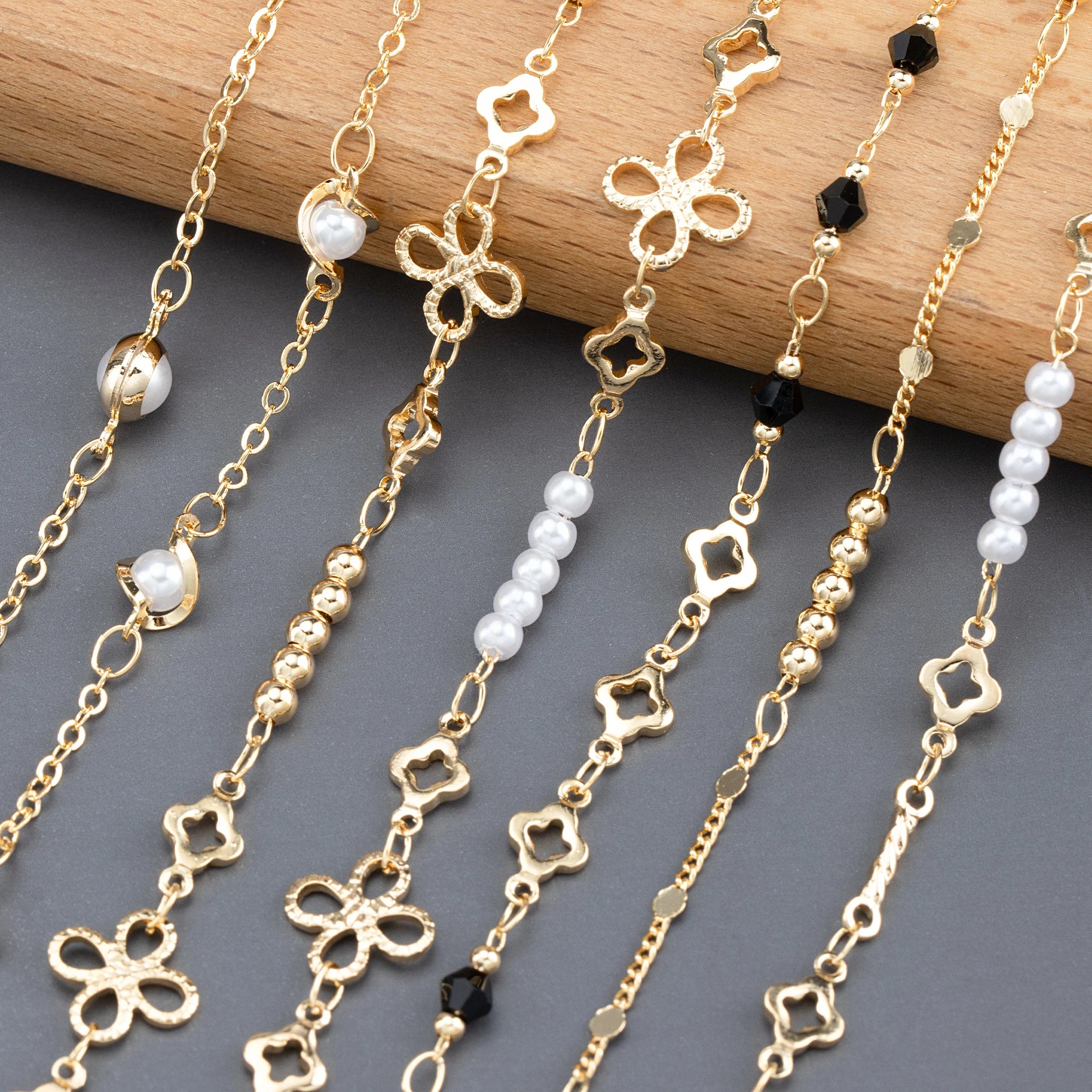 C281 GUFEATHER 1m DIY Chain Pass REACH Nickel Free 18k Gold Plated Copper Plastic Pearl Bag Packaging Bracelet Necklace