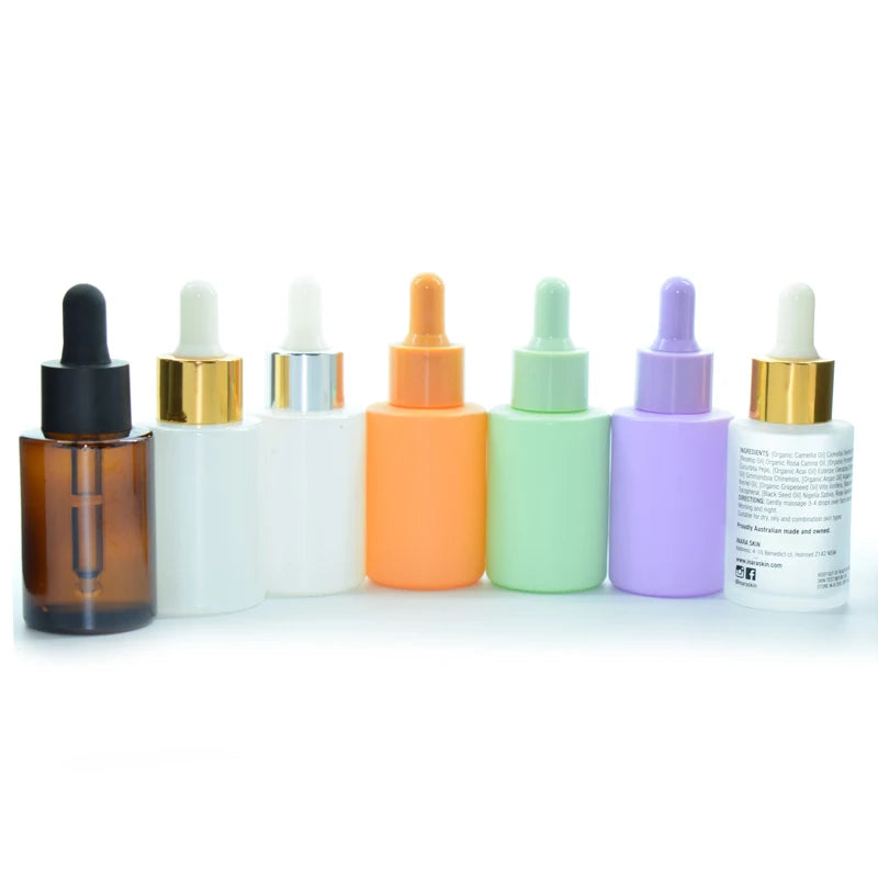 Flat Round Shape 30ML Dropper Bottle for Skin Care Purple White 1oz Serum Pipette Cosmetic Container Packaging with Paper Box