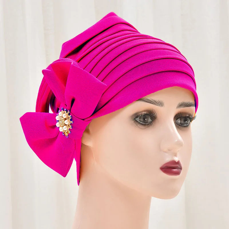 Wholesale 2025 Hot Sale Bright Womens Turban Head Wrap Luxury Plain Bowknot Stretchy Bonnet Ladies Breathable Ethnic Polyester MegaBDM