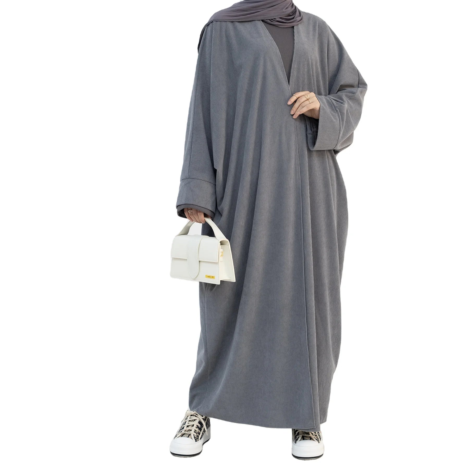 Pure Color Corduroy Open Fashion Style batwing Sleeve Dubai Turkey Islamic Female Match All Clothes Abaya