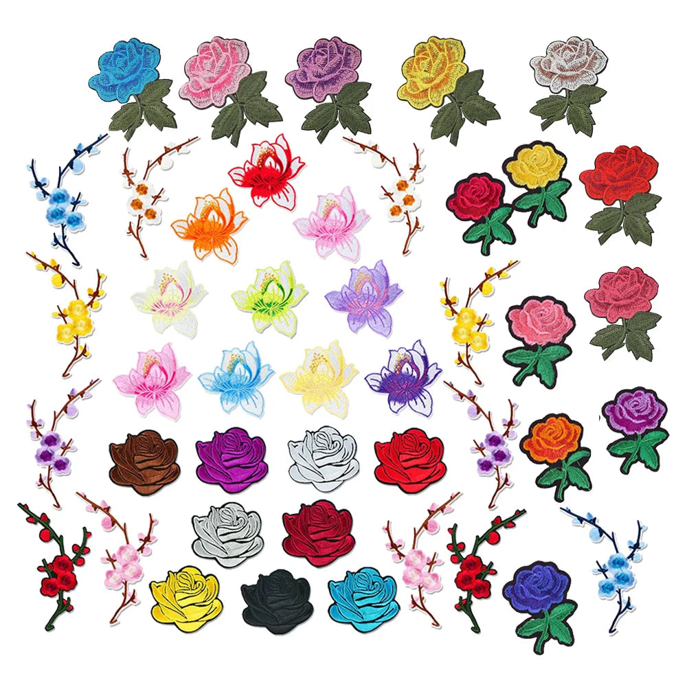 Fashion Style Lostus Chinese plum Blossom Wintersweet Flower Rose Embroidery Iron on Patches for Clothing