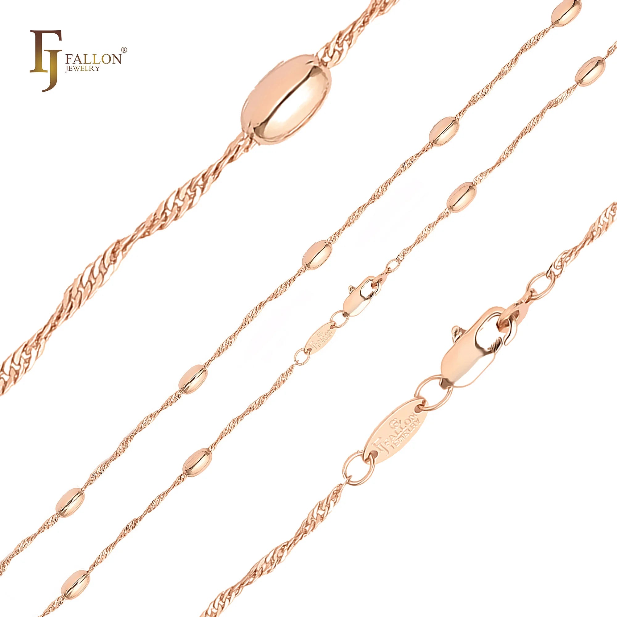 4.1mm FJ Fallon Fashion Jewelry Oval Beads Singapore Link Chain Plated in Rose Gold Brass Based