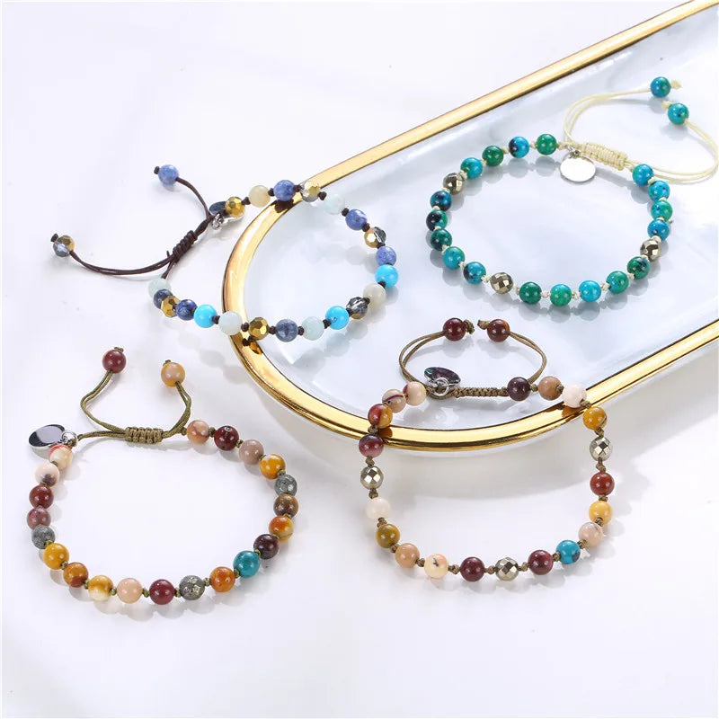 Fashion DIY Crystal Mix Colored Natural Stone Bracelet 6mm Beads Adjustable String Custom Blank Tags Bulk Lucky Charm Bracelet
