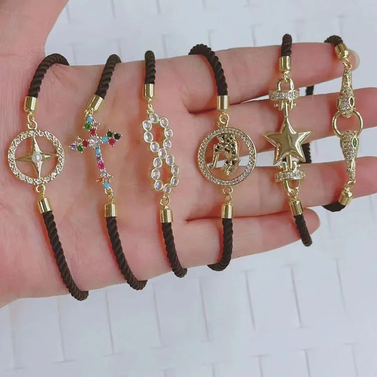 BC3029  Chic 18k Gold CZ Pave Butterfly Heart Infinity Moon Hamsa Hand Cross Charm Bolo Sliding String Cord Chain Bracelet