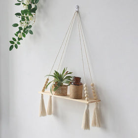 Macrame Hanging Shelf Wood Hanging Swing Rope Floating Shelves Boho Wall Decor Plant Display Stand