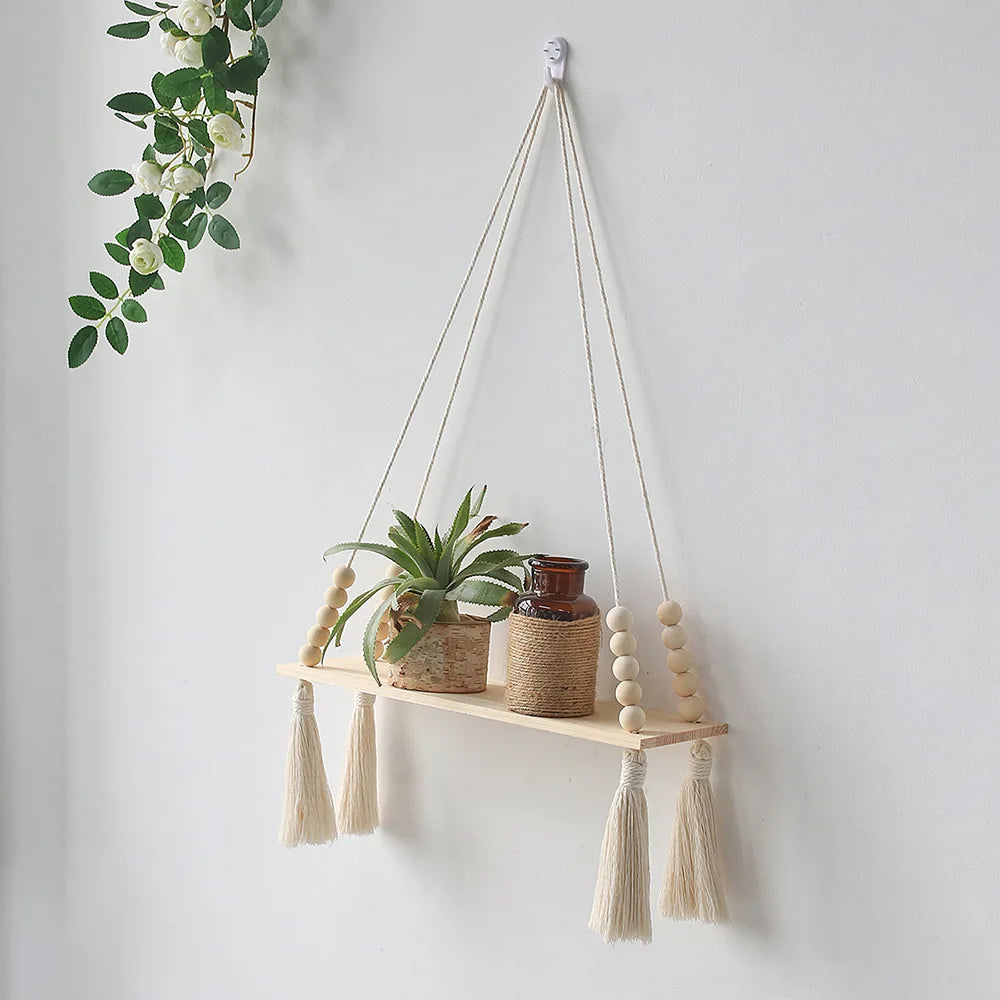 Macrame Hanging Shelf Wood Hanging Swing Rope Floating Shelves Boho Wall Decor Plant Display Stand