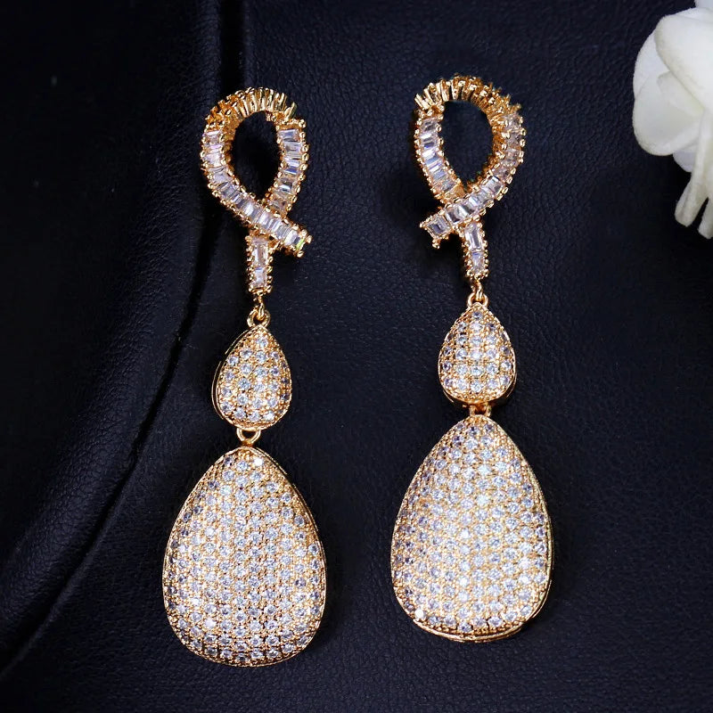 Good Quality Wedding Evening Dress Gold Plate Jewelry Micro Pave Cubic Zirconia Stones Long Drop Golden Earrings for Women