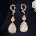 Good Quality Wedding Evening Dress Gold Plate Jewelry Micro Pave Cubic Zirconia Stones Long Drop Golden Earrings for Women
