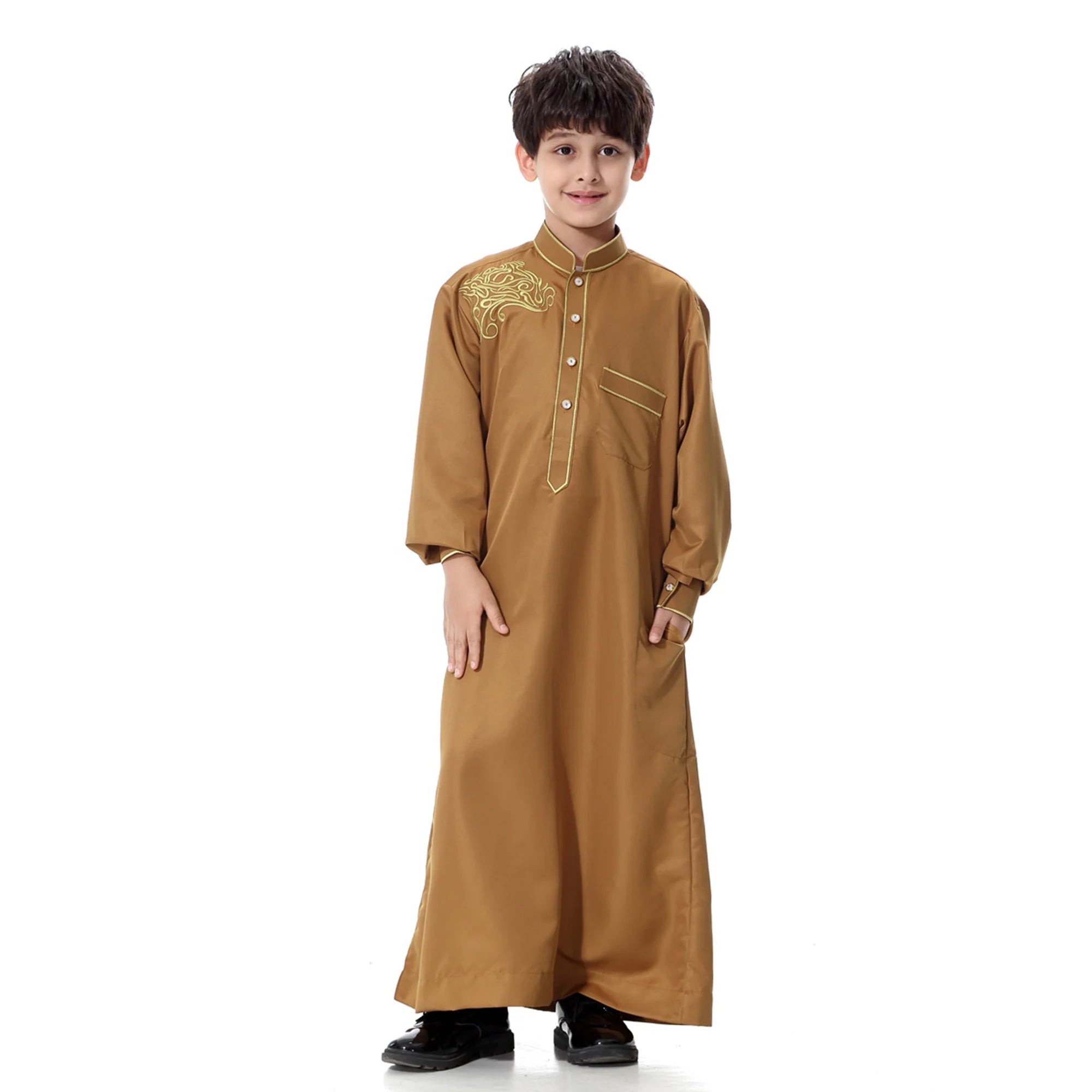 2021 Embroidered Kids Muslim Arab Robe Kaftan Abaya Jubba Plus Size Polyester Islamic Clothing for Teen Boys for Autumn Season