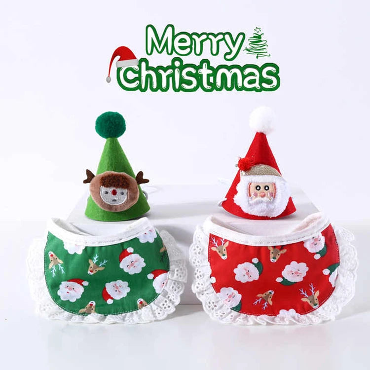 High-quality Christmas Pet Set Santa Claus Elk Red and Green Hat Headdress Lace Bib Mouth Water Scarf Set