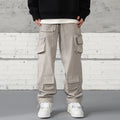 Custom Fashion Streetwear Outdoor Plus Size Plain Grey 100% Cotton Multi Pockets Baggy Straight Leg Cargo Pants Trousers