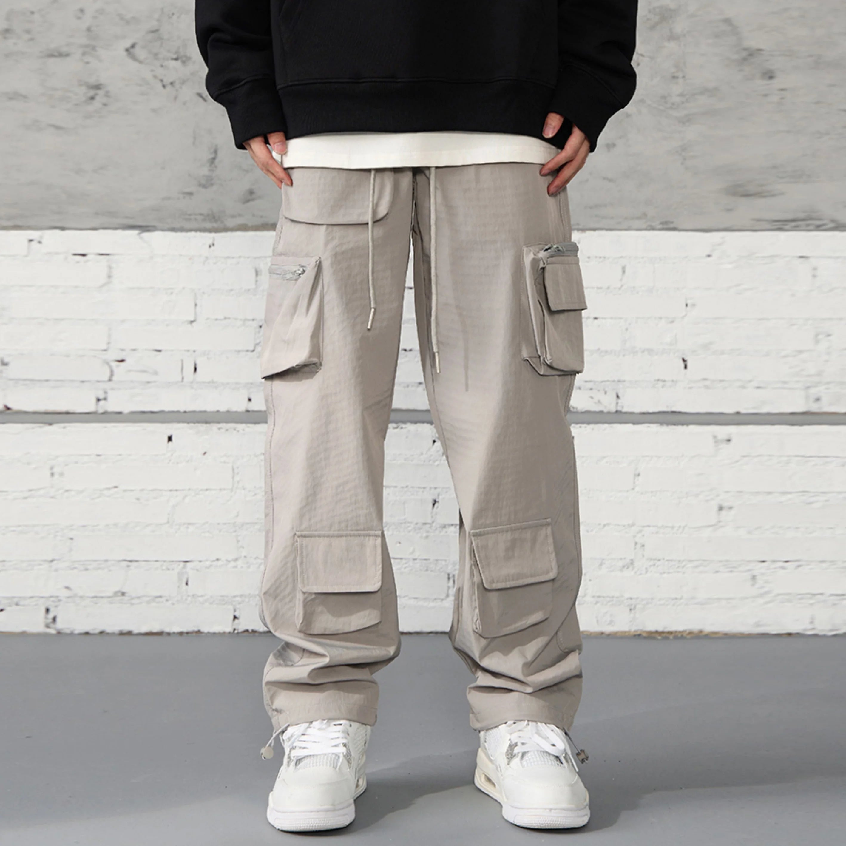 Custom Fashion Streetwear Outdoor Plus Size Plain Grey 100% Cotton Multi Pockets Baggy Straight Leg Cargo Pants Trousers