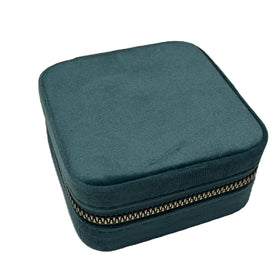 Blue Velvet Square Travel Jewelry Box with Zipper Closure Women's Gift Organizer