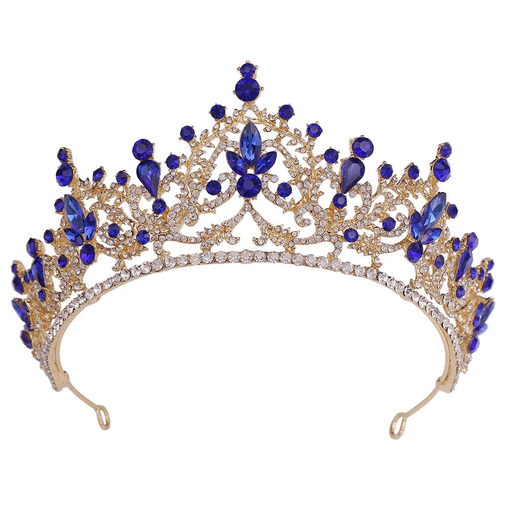 New 5 Colors Bride's Luxury Diamond Set Crystal Crown Royal Blue Gemstones Wedding Tiara