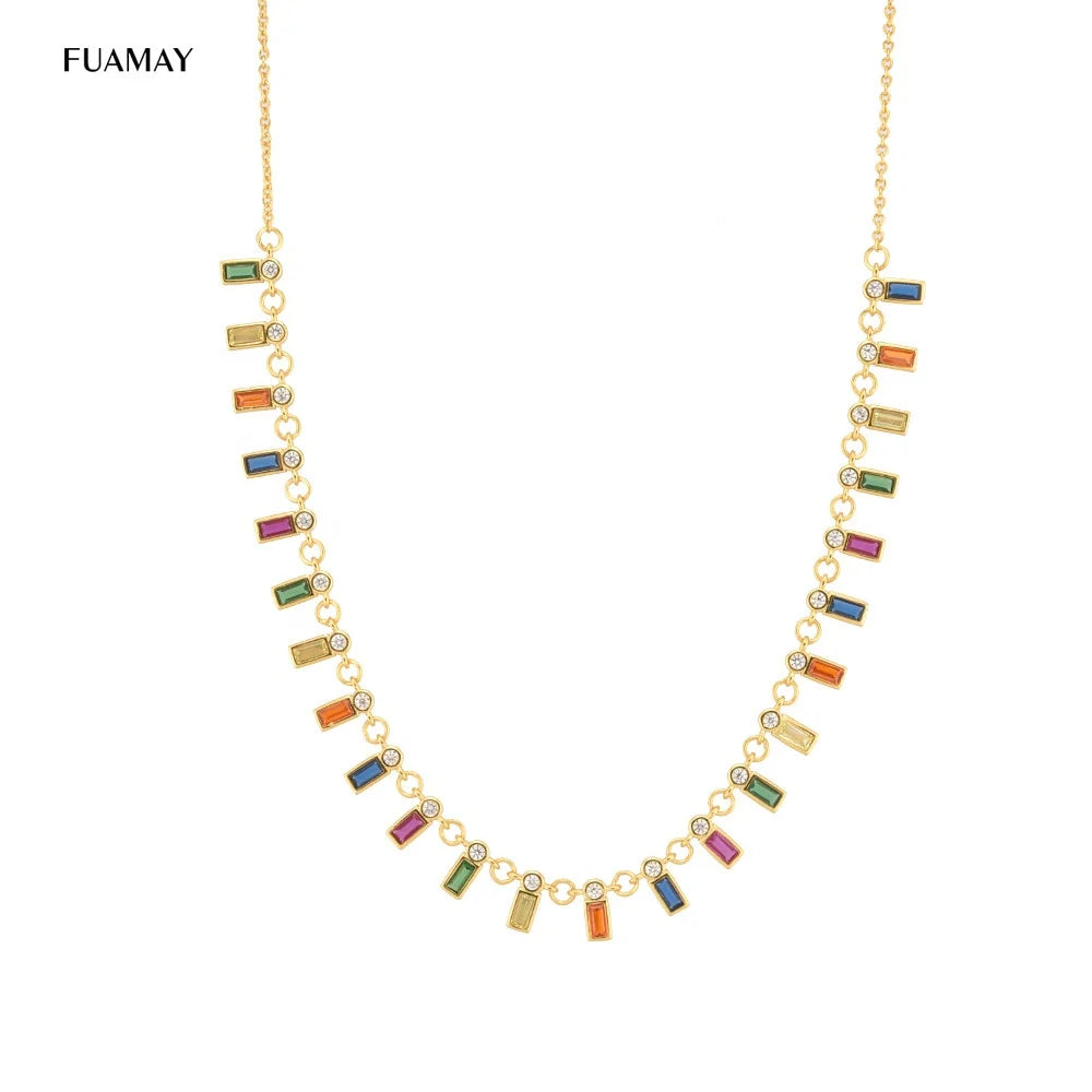 FUAMAY Luxury Jewelers Rainbow Diamond Baguette Necklace Sterling Silver Zircon Pendant Necklace for Women Jewelries