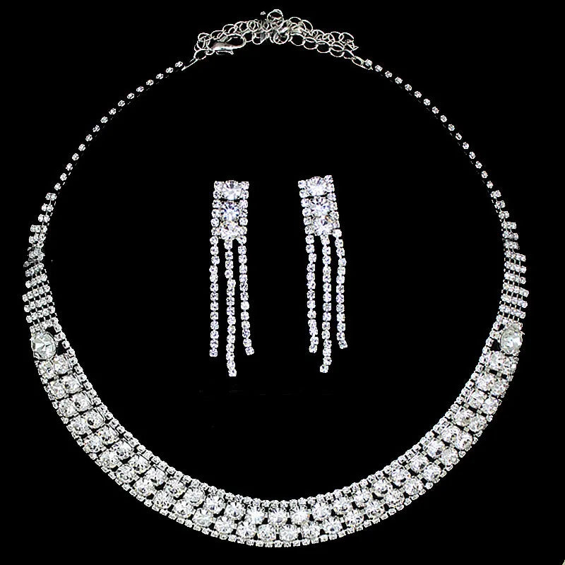 Hot Selling Tassel Necklace Earrings Jewelry Set Rhinestones Wedding Jewelry Set for Women