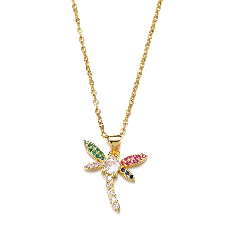 2023 Trendy Girls Bling Zircon Gold Plated Jewelry Dragonfly Pendant Necklace for Women