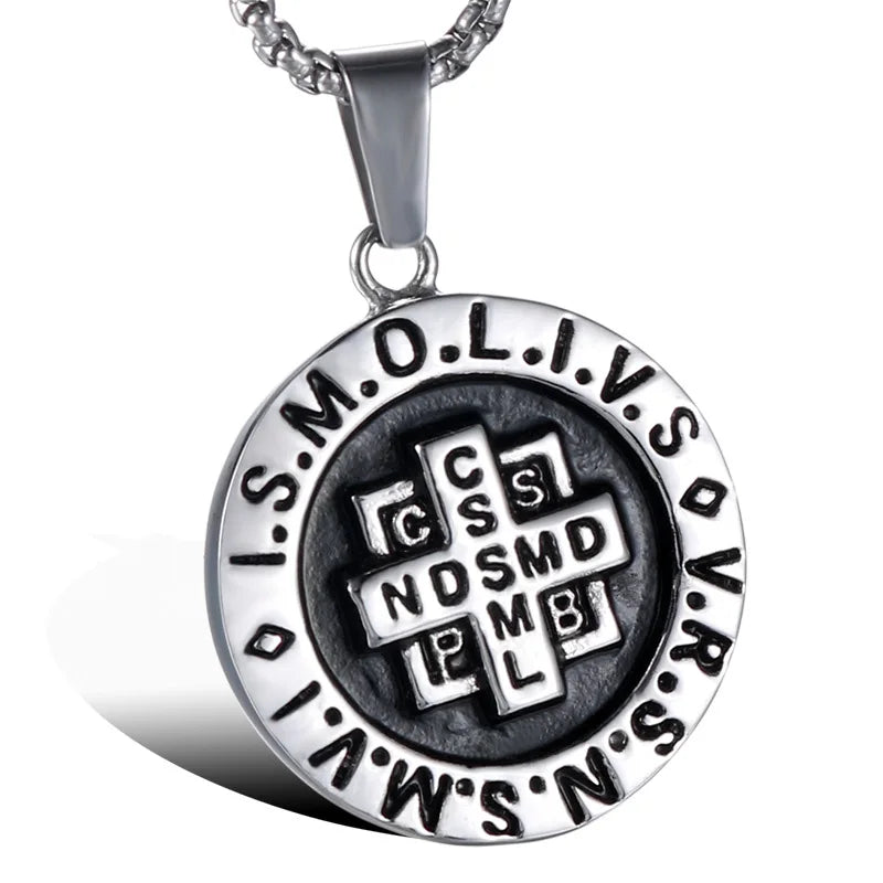 Men's Stainless Steel Necklace Gender Catholic St Benedict Exorcism Cross Pendant for Roman Round Design Protection Ghost Hunter