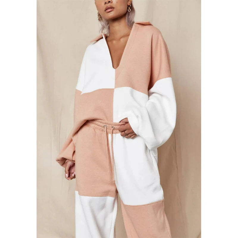 K210409 2024Autumn Winter 2 Piece V Neck Sweatshirt and Pant Set Color Blocking Fall Plus Size Women's Sets