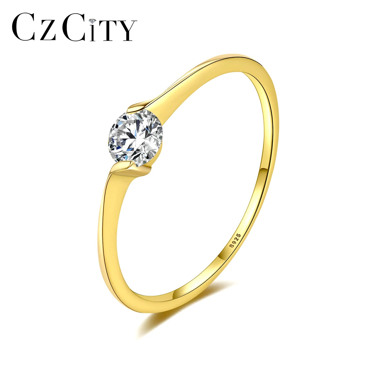 CZCITY Silver Wedding Ring Single Stone Cubic Zircon Engagement Rings Simple Design Finger Jewelry