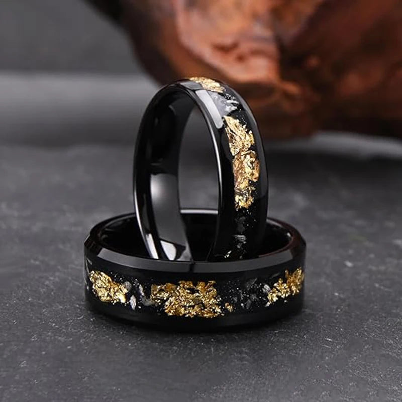 8mm & 6mm Black Tungsten Carbide Wedding Promise Ring Inlaid with Gold Foil Meteorite Fragments for Couples Engagement Party