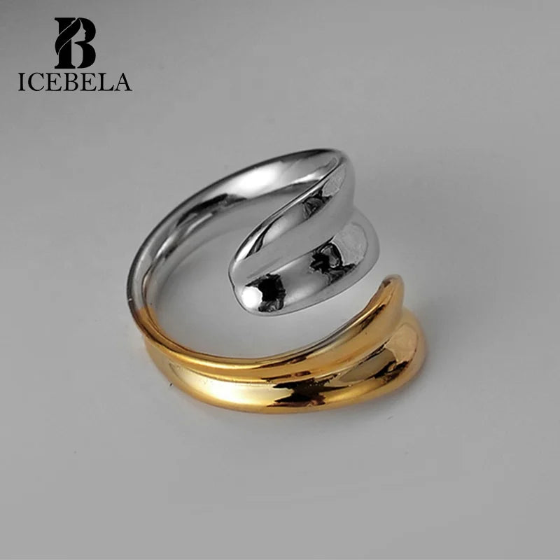 Icebela Fine Jewelry S925 Sterling Silver 18k Gold Plated Minimalist Gold Silver Color Adjustable Leaf Ring