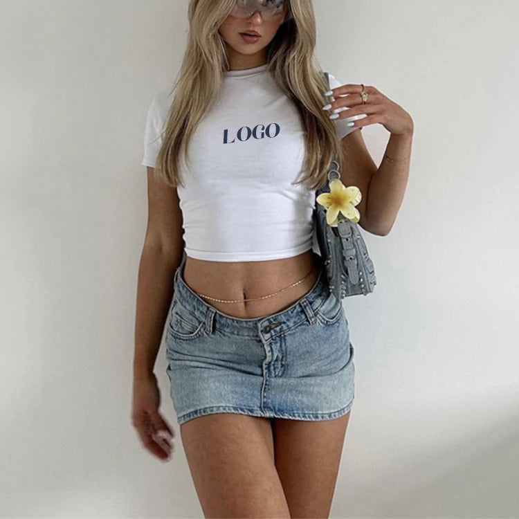 Wholesale White Ladies Crop Top T Shirt Custom Logo Women Cotton Cropped Shirts for Women