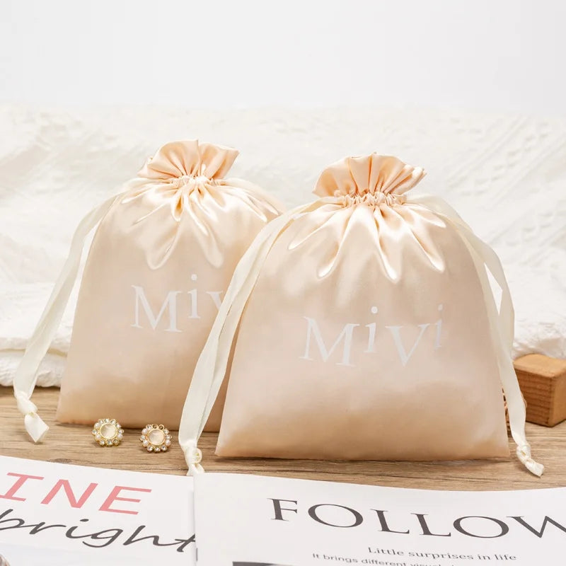 Custom Logo Printing Shiny Satin Dust Bag for Lingerie Soft Drawstring  Gift Packing Silk Satin Pouch for Perfume