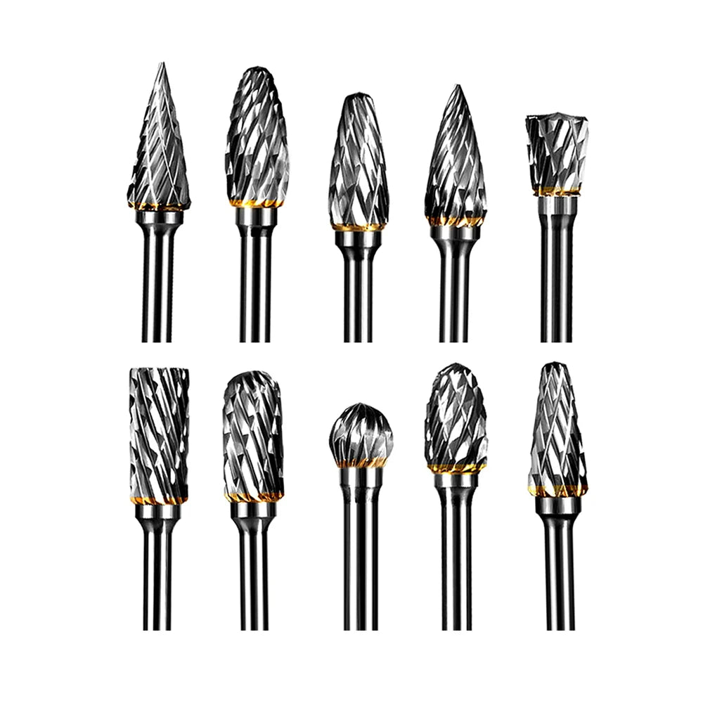 10 Pieces Tungsten Carbide Double Cut Rotary Burr Set With 3 mm (1/8 Inch) Shank and 6 mm (1/4 Inch) Head Size