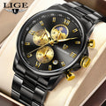 LIGE LG89199 Factory Men's Stainless Steel Noon Phase Watch Luxury Luminous Hands Waterproof Digital Sport Wristwatch With Box