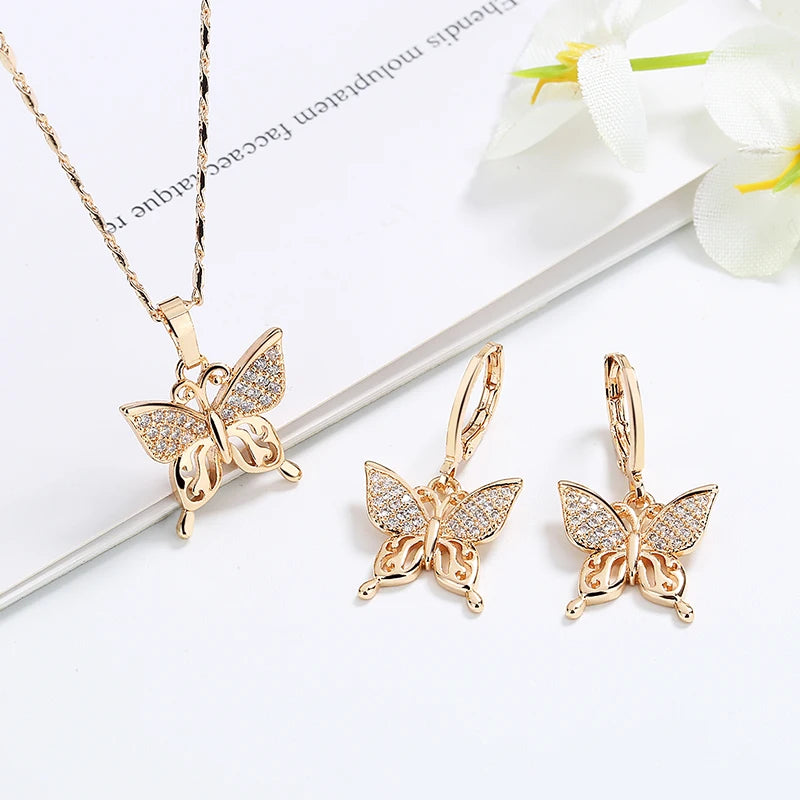 Hengdian Cz Butterfly Earrings 18K Gold Plated Necklace Jewelry Set for Women