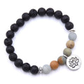 Black Lava Rock Stone Bracelet With Lotus Charm REAL Gemstones HEART & CROWN CHAKRAS 8mm Beads Stretchy Yoga Bracelet