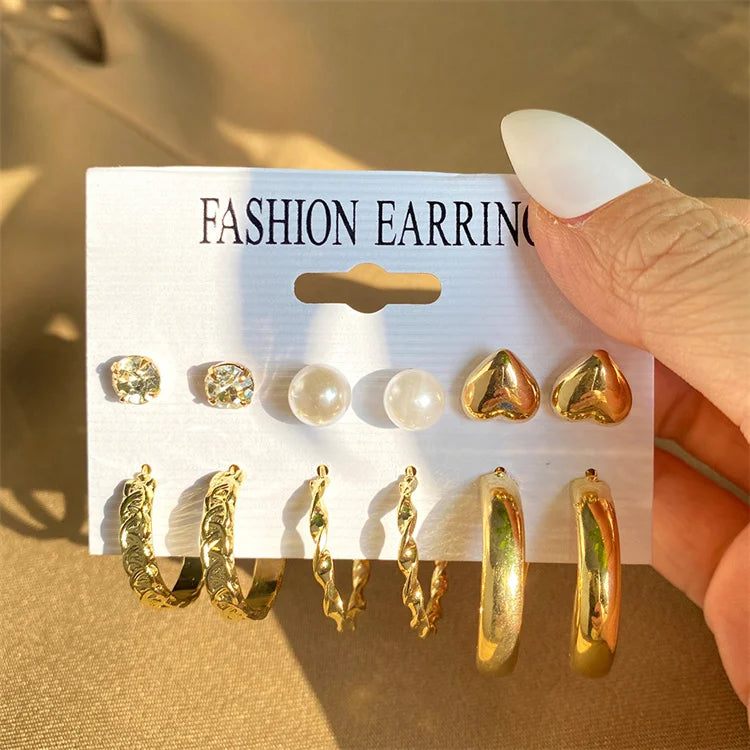 New Hot Selling Luxury Gold Smooth Chunky Hoop Earrings Set Twisted Alloy Pearl Button Stud Earrings Jewelry Set