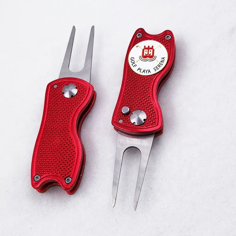 Golf Club Accessories Pitch Fork Red Folding Divot Repair Tool with Custom Ball Marker