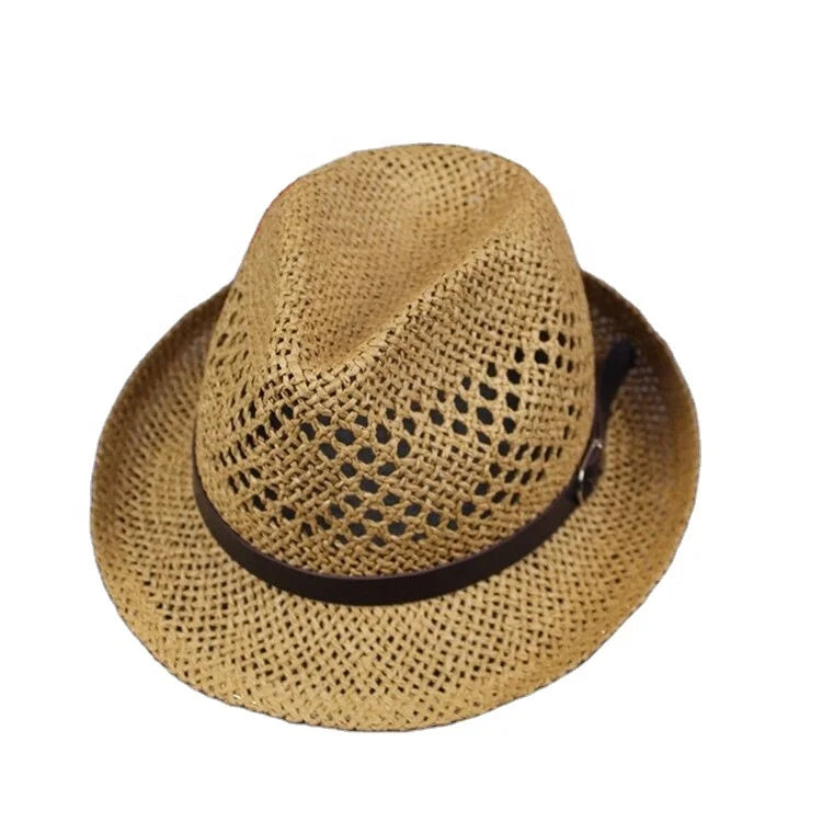 New Men's Summer Beach Sun Hats Hollow Out Handwoven Straw Hat With Leather Band