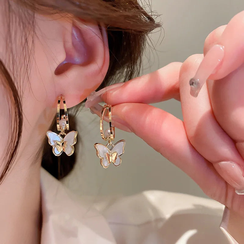 Bling Bling 18K Gold Plating Pearl Cubic Zircon Butterfly Knot Earrings White Cz Butterfly Drop Crystal Bowknot Earrings