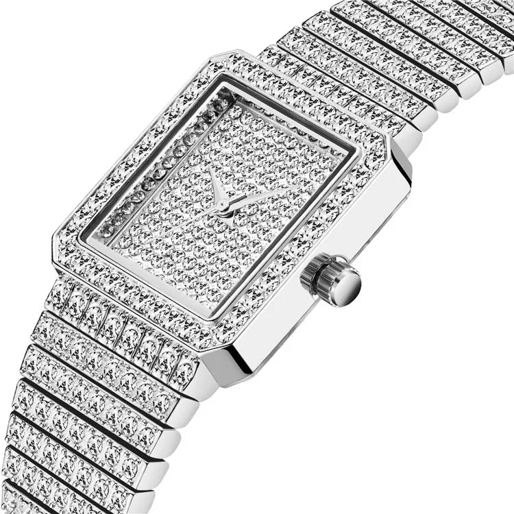 MissFox 2689  Diamond Watch for Women Luxury Brand Ladies Gold Square Watch Minimalist Analog Quartz Movt Unique Female Iced Out