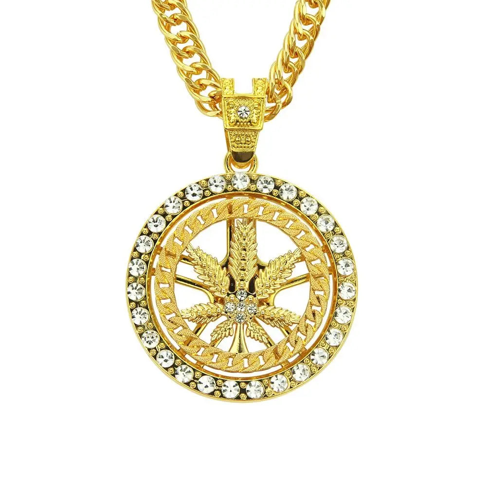 Duyizhao Wholesale Hip Hop Iced Out Bling Rotatable Maple Leaf Pendant Necklace With 8mm Crystal Miami Cuban Chain for Gift