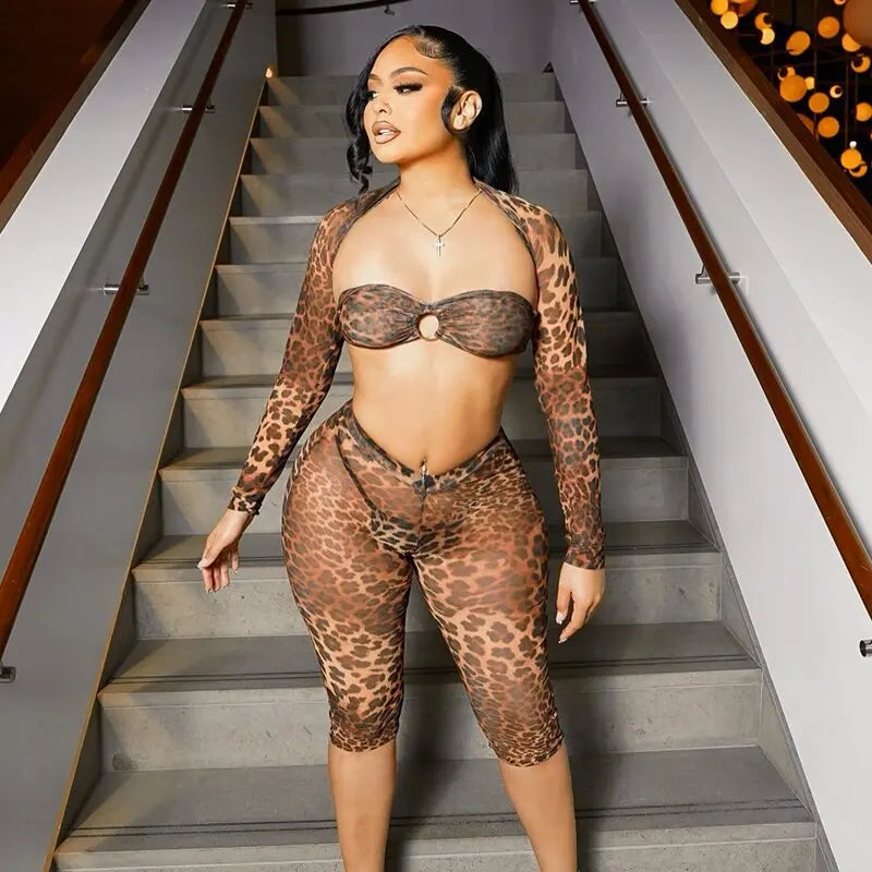 Long Sleeve Tie Bare Chest Y2k Leopard Print Two Piece Set