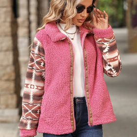 2025 Vintage Custom Women's Winter Jacket Soft Fleece Plush with Aztec Pattern Print Zipper Overcoat and Polyester Lining